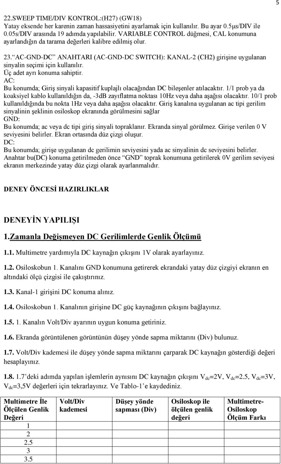 AC-GND-DC ANAHTARI (AC-GND-DC SWITCH): KANAL-2 (CH2) girişine uygulanan sinyalin seçimi için kullanılır. Üç adet ayrı konuma sahiptir.