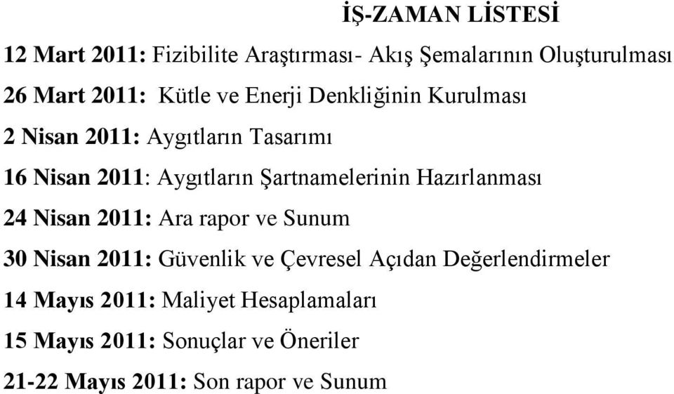 Hazırlanması 24 Nisan 2011: Ara rapor ve Sunum 30 Nisan 2011: Güvenlik ve Çevresel Açıdan Değerlendirmeler