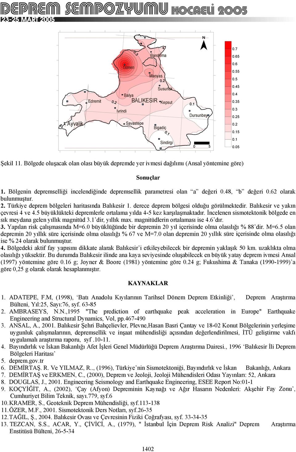 62 olarak bulunmuştur. 2. Türkiye deprem bölgeleri haritasında Balıkesir 1. derece deprem bölgesi olduğu görülmektedir. Balıkesir ve yakın çevresi 4 ve 4.