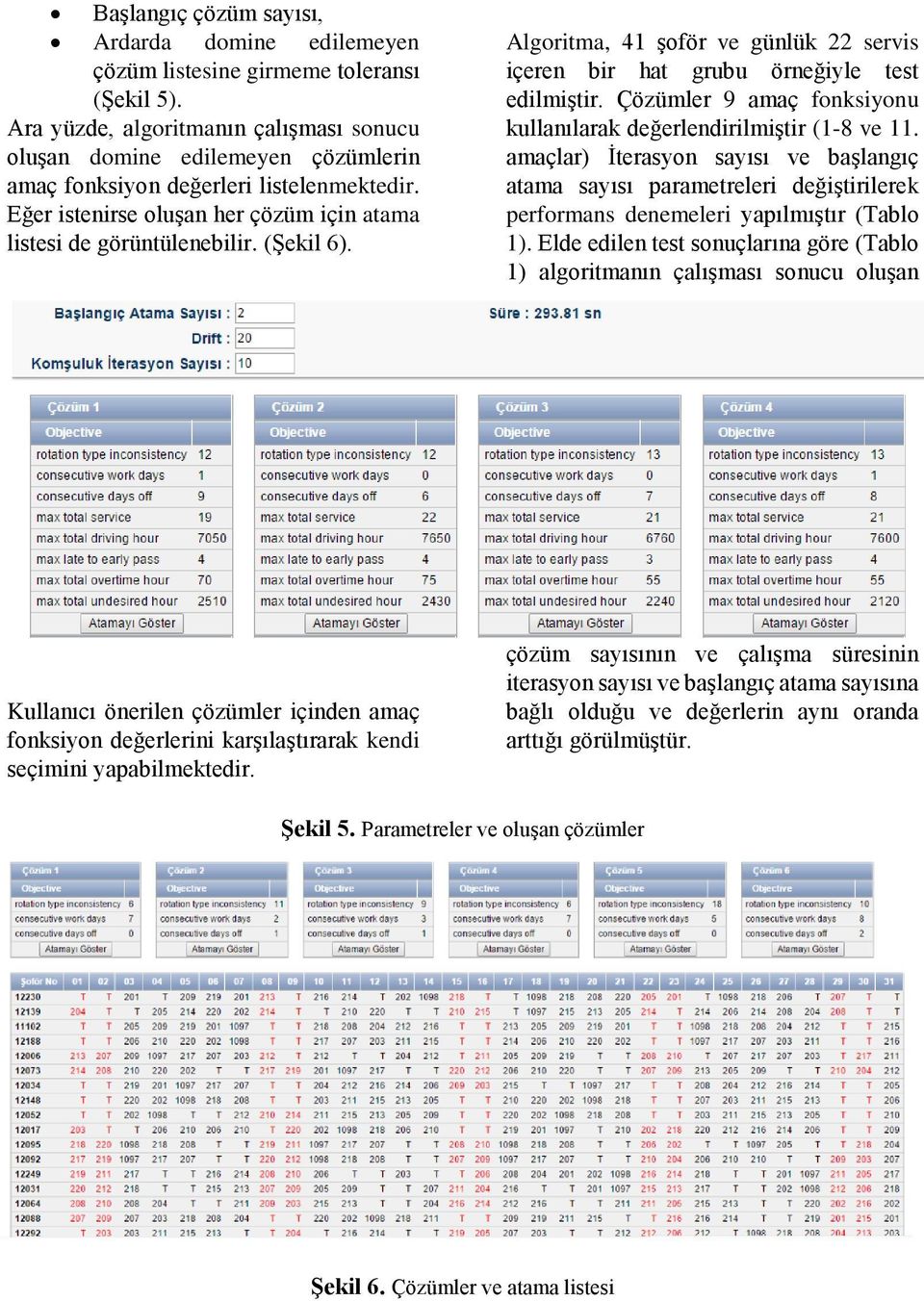 (Şekil 6). Algoritma, 41 şoför ve günlük 22 servis içeren bir hat grubu örneğiyle test edilmiştir. Çözümler 9 amaç fonksiyonu kullanılarak değerlendirilmiştir (1-8 ve 11.