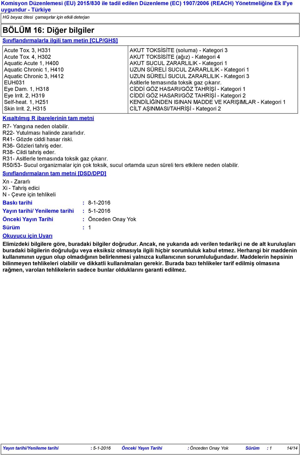 SUCUL ZARARLILIK Kategori 3 EUH031 Asitlerle temasında toksik gaz çıkarır. Eye Dam. 1, H318 CİDDİ GÖZ HASARI/GÖZ TAHRİŞİ Kategori 1 Eye Irrit. 2, H319 CİDDİ GÖZ HASARI/GÖZ TAHRİŞİ Kategori 2 Selfheat.
