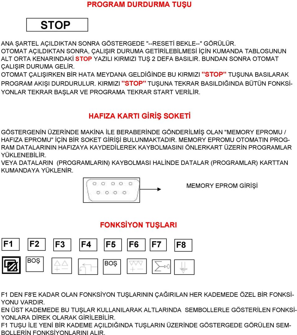 OTOMAT ÇALIŞIRKEN BİR HATA MEYDANA GELDİĞİNDE BU KIRMIZI "STOP" TUŞUNA BASILARAK PROGRAM AKIŞI DURDURULUR.