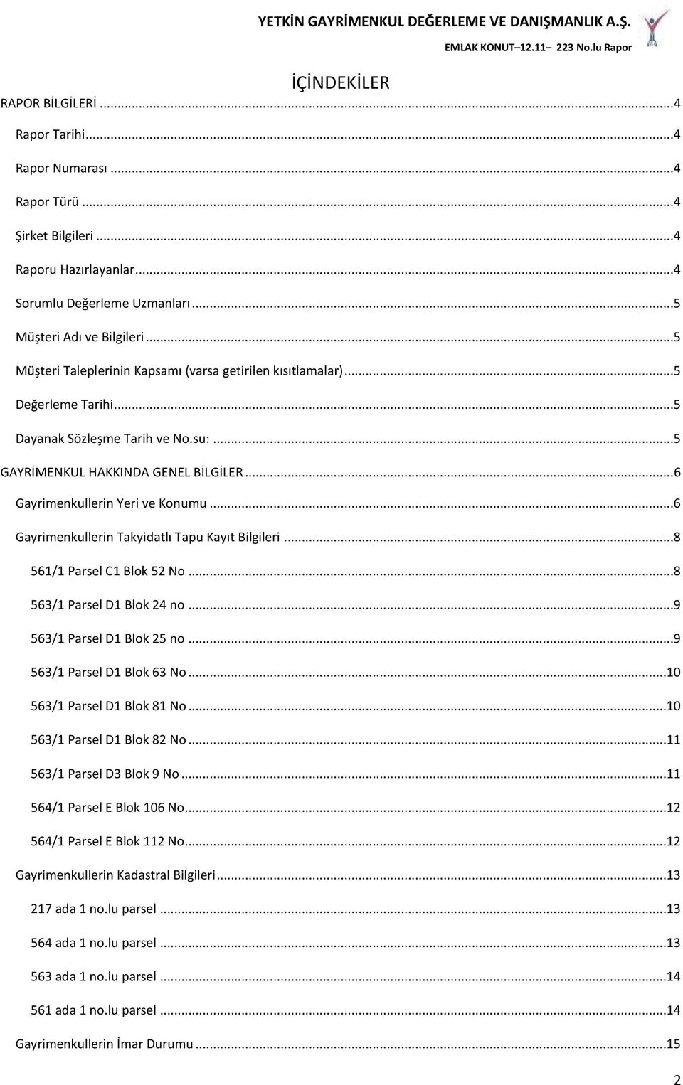 ..6 Gayrimenkullerin Takyidatlı Tapu Kayıt Bilgileri...8 561/1 Parsel C1 Blok 52 No...8 563/1 Parsel D1 Blok 24 no...9 563/1 Parsel D1 Blok 25 no...9 563/1 Parsel D1 Blok 63 No.