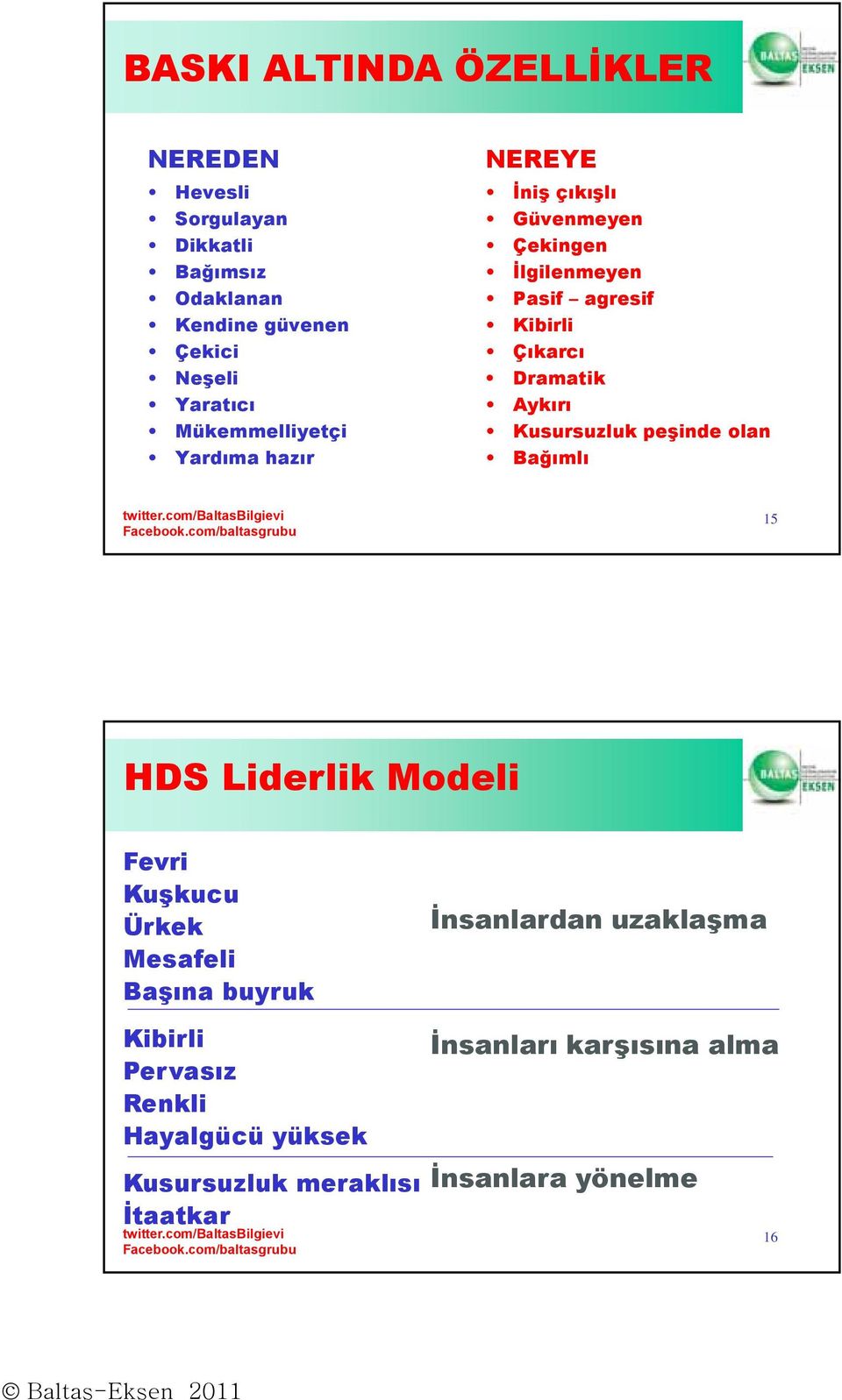 Dramatik Aykırı Kusursuzluk peşinde olan Bağımlı 15 HDS Liderlik Modeli Fevri Kuşkucuş Ürkek Mesafeli Başına buyruk