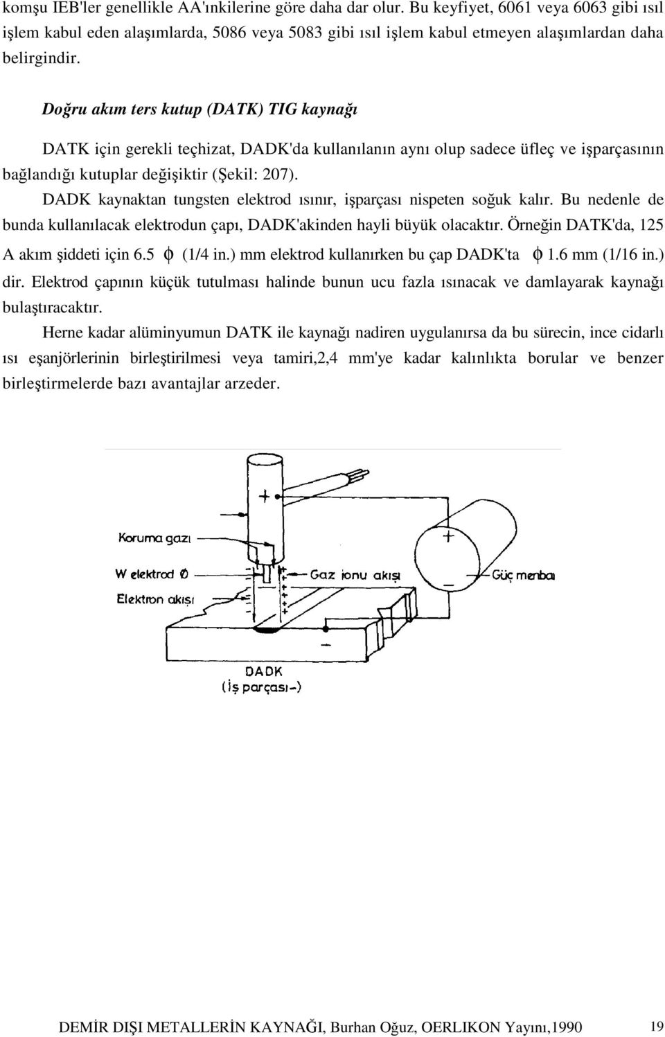 Doğru akım ters kutup (DATK) TIG kaynağı DATK için gerekli teçhizat, DADK'da kullanılanın aynı olup sadece üfleç ve işparçasının bağlandığı kutuplar değişiktir (Şekil: 207).