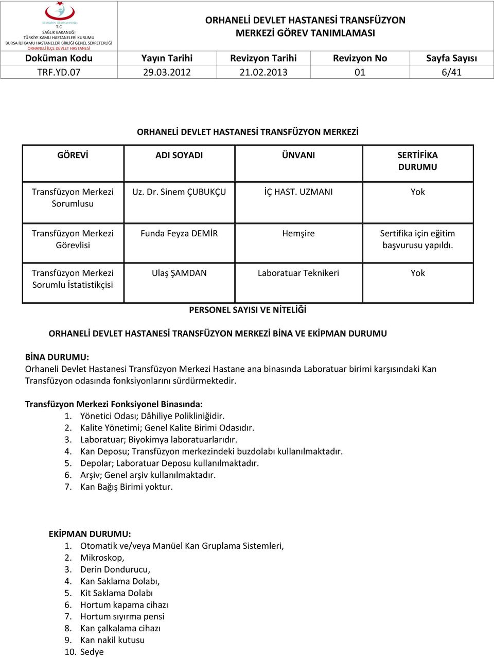 Ulaş ŞAMDAN Laboratuar Teknikeri Yok PERSONEL SAYISI VE NİTELİĞİ MERKEZİ BİNA VE EKİPMAN DURUMU BİNA DURUMU: Orhaneli Devlet Hastanesi Transfüzyon Merkezi Hastane ana binasında Laboratuar birimi