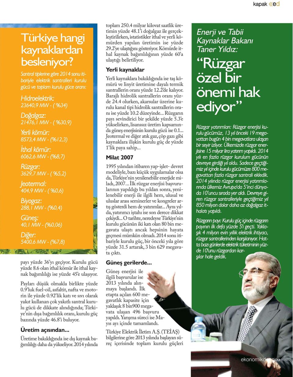 (%12,3) İthal kömür: 6062,6 MW - (%8,7) Rüzgar: 3629,7 MW - ( %5,2) Jeotermal: 404,9 MW - ( %0,6) Biyogaz: 288,1 MW - (%0,4) Güneş: 40,1 MW - (%0,06) Diğer: 5400,6 MW - (%7,8) payı yüzde 36 yı