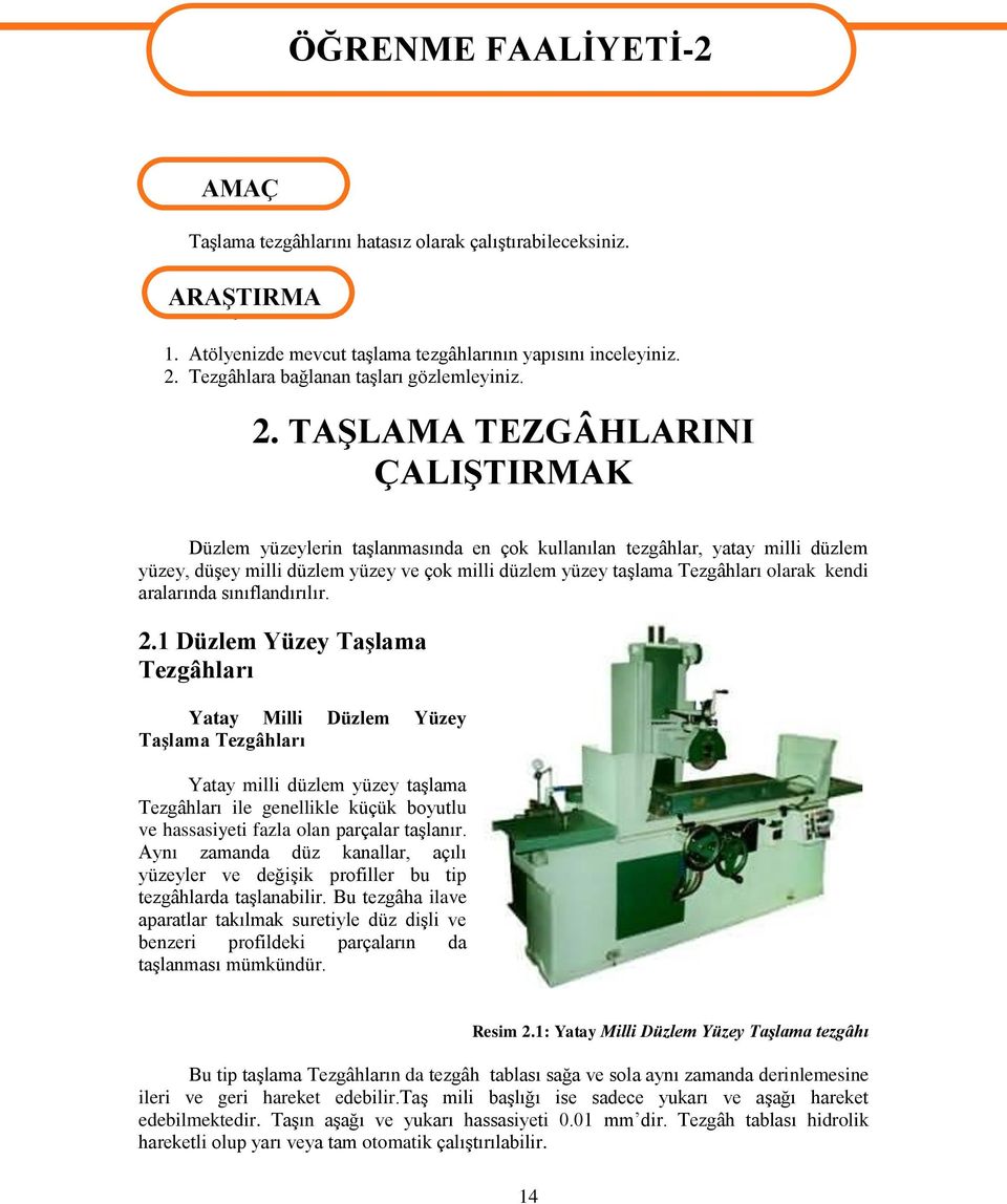 TAŞLAMA TEZGÂHLARINI ÇALIŞTIRMAK Düzlem yüzeylerin taşlanmasında en çok kullanılan tezgâhlar, yatay milli düzlem yüzey, düşey milli düzlem yüzey ve çok milli düzlem yüzey taşlama Tezgâhları olarak