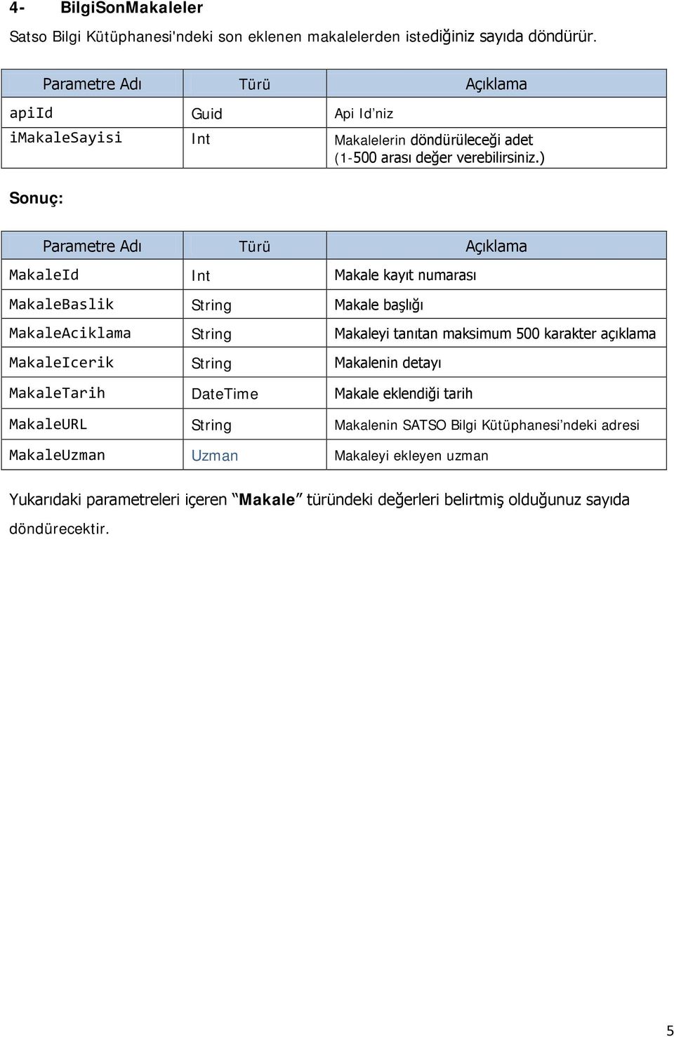 Makaleyi tanıtan maksimum 500 karakter açıklama MakaleIcerik String Makalenin detayı MakaleTarih DateTime Makale eklendiği tarih MakaleURL