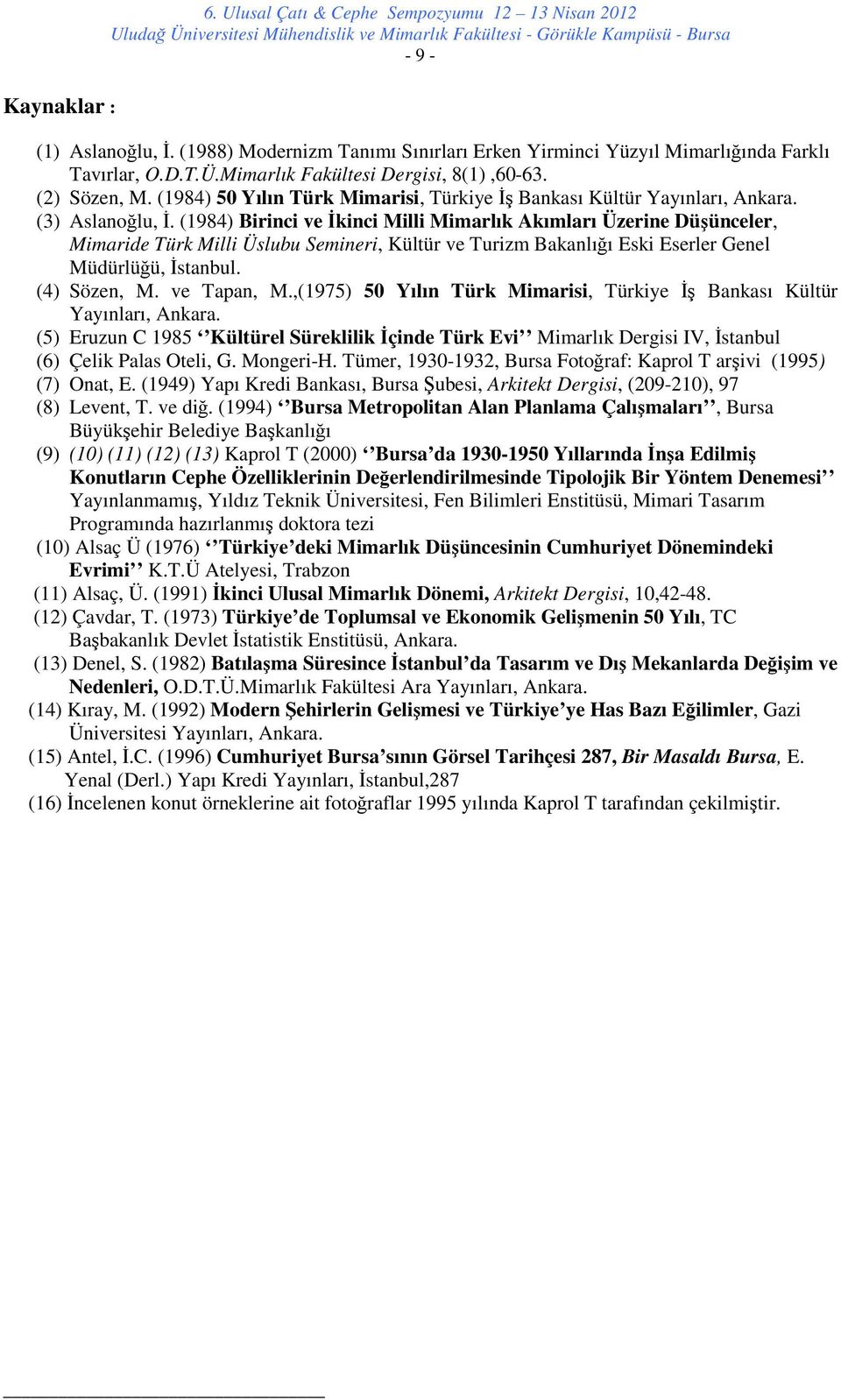 (1984) Birinci ve İkinci Milli Mimarlık Akımları Üzerine Düşünceler, Mimaride Türk Milli Üslubu Semineri, Kültür ve Turizm Bakanlığı Eski Eserler Genel Müdürlüğü, İstanbul. (4) Sözen, M. ve Tapan, M.