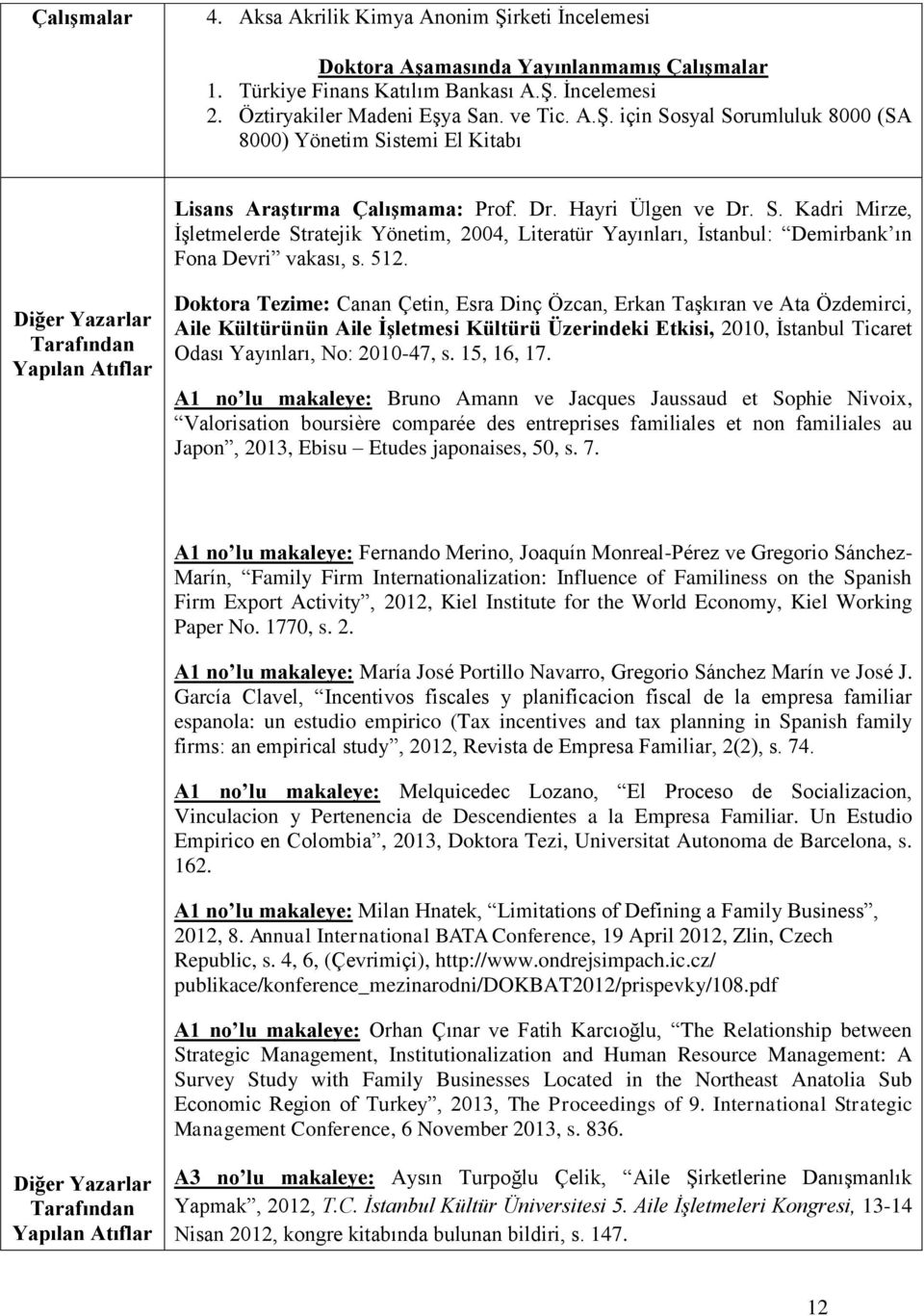 Diğer Yazarlar Tarafından Yapılan Atıflar Doktora Tezime: Canan Çetin, Esra Dinç Özcan, Erkan Taşkıran ve Ata Özdemirci, Aile Kültürünün Aile İşletmesi Kültürü Üzerindeki Etkisi, 2010, İstanbul