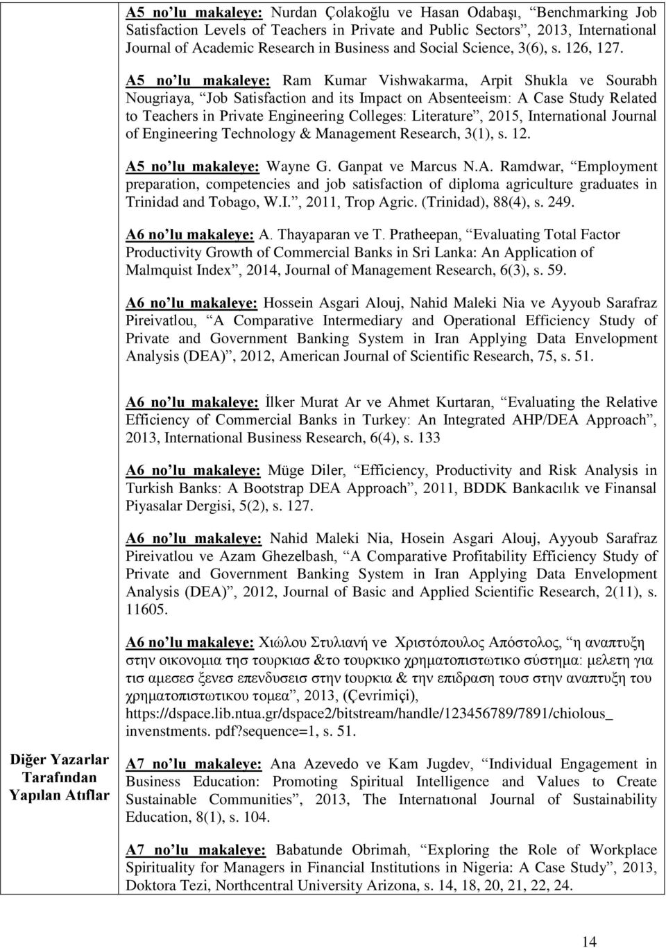 A5 no lu makaleye: Ram Kumar Vishwakarma, Arpit Shukla ve Sourabh Nougriaya, Job Satisfaction and its Impact on Absenteeism: A Case Study Related to Teachers in Private Engineering Colleges: