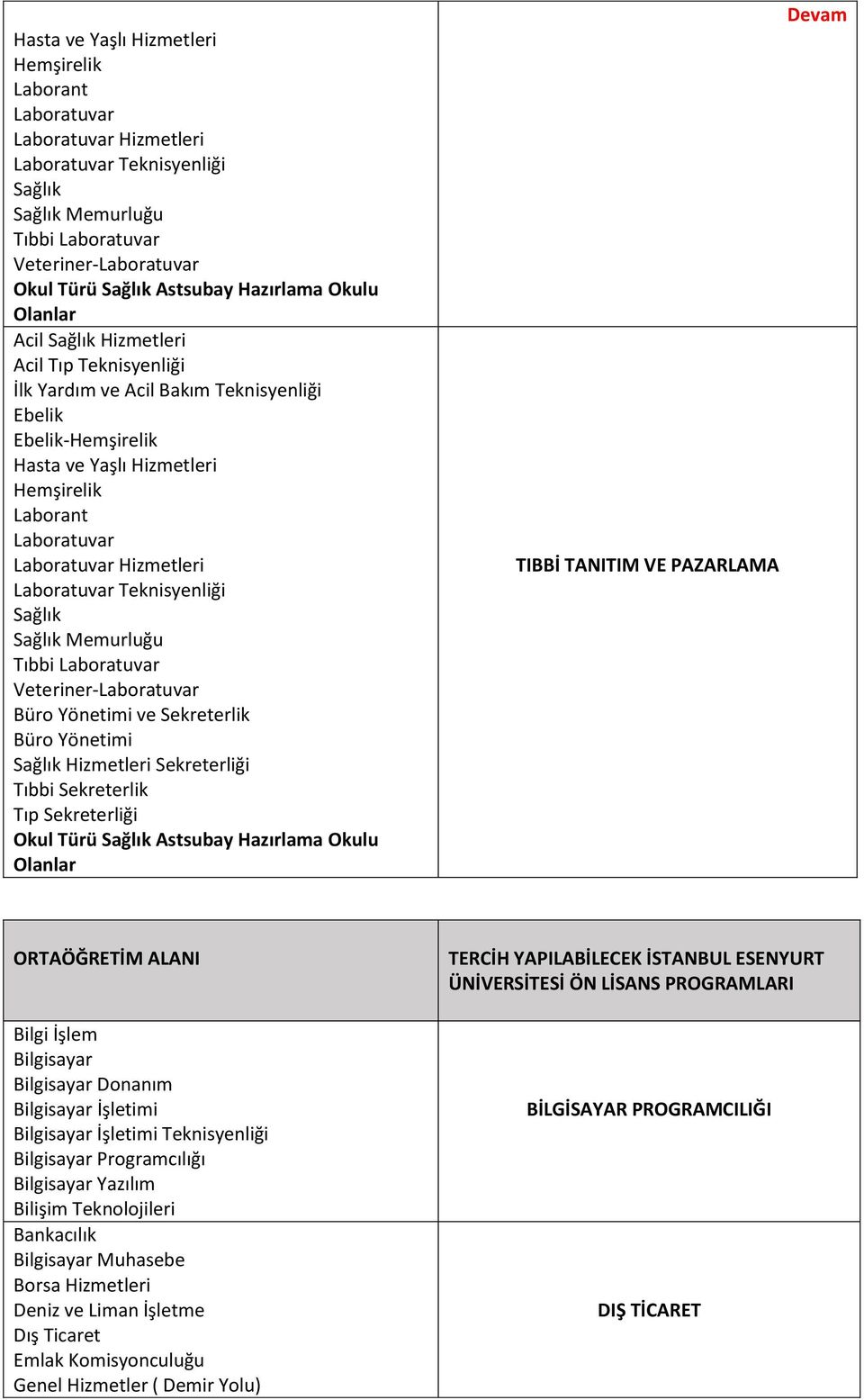 TIBBİ TANITIM VE PAZARLAMA Devam ORTAÖĞRETİM ALANI Bilgi İşlem Bilgisayar Bilgisayar Donanım Bilgisayar İşletimi Bilgisayar İşletimi Teknisyenliği Bilgisayar Programcılığı Bilgisayar Yazılım Bilişim