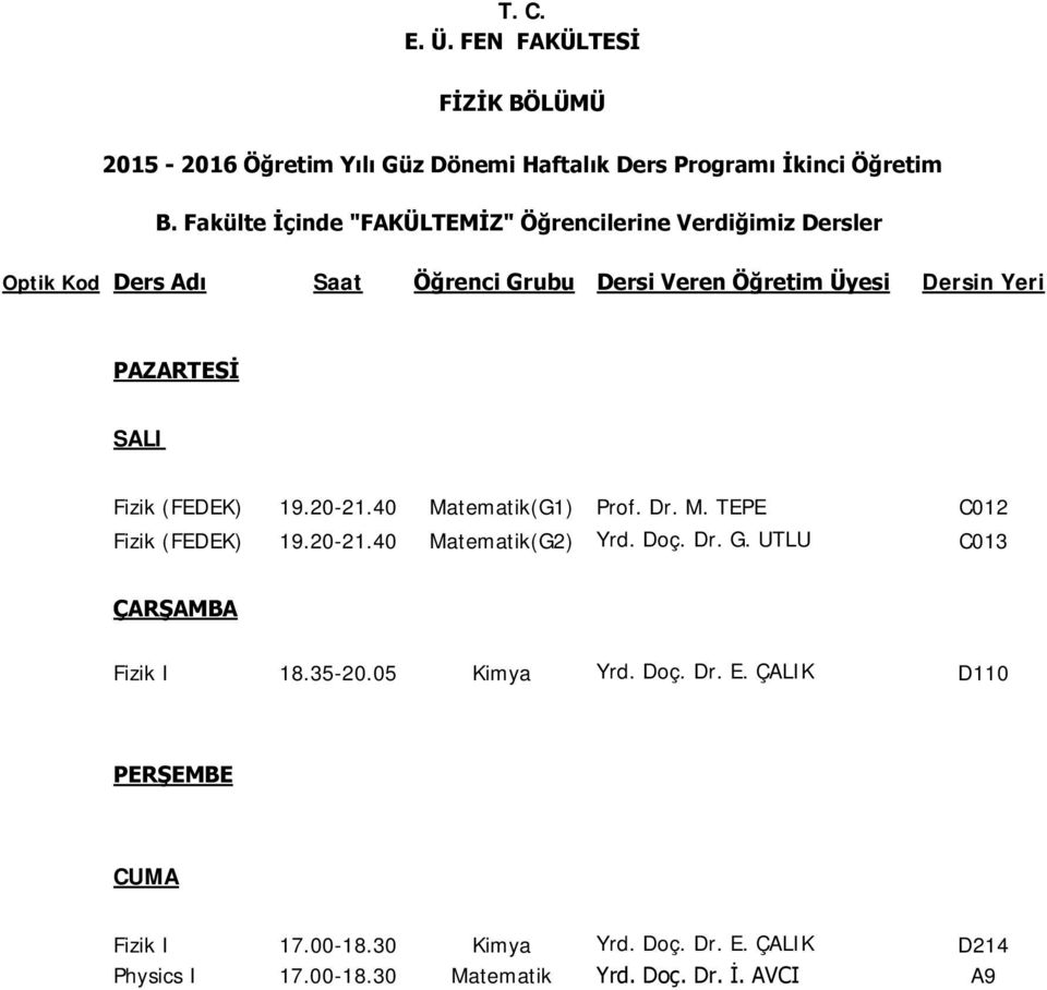 Dr. M. TEPE C012 Fizik (FEDEK) 19.20-21.40 Matematik(G2) Yrd. Doç. Dr. G. UTLU C013 Fizik I 18.35-20.