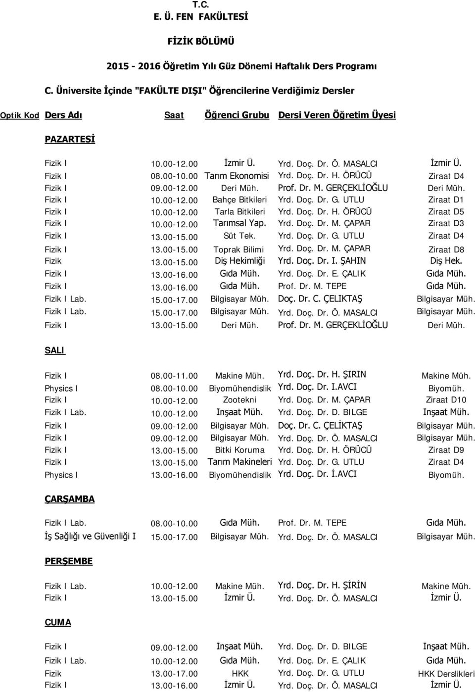 Fizik I 08.00-10.00 Tarım Ekonomisi Yrd. Doç. Dr. H. ÖRÜCÜ Ziraat D4 Fizik I 09.00-12.00 Deri Müh. Prof. Dr. M. GERÇEKLİOĞLU Deri Müh. Fizik I 10.00-12.00 Bahçe Bitkileri Yrd. Doç. Dr. G. UTLU Ziraat D1 Fizik I 10.