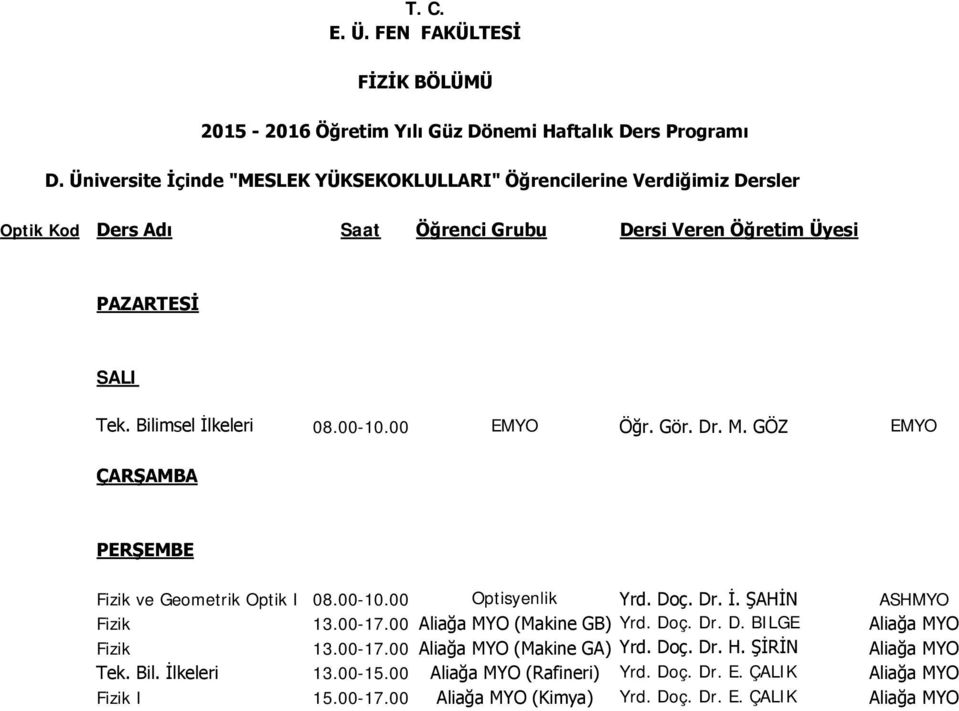 00-10.00 EMYO Öğr. Gör. Dr. M. GÖZ EMYO Fizik ve Geometrik Optik I 08.00-10.00 Optisyenlik Yrd. Doç. Dr. İ. ŞAHİN ASHMYO Fizik 13.00-17.00 Aliağa MYO (Makine GB) Yrd.