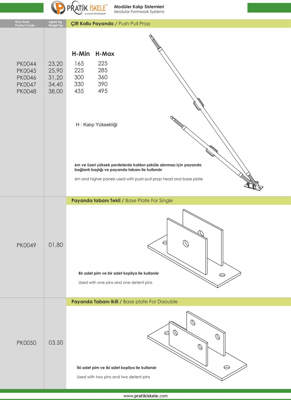 with push-pull prop head and base plate Payanda tabanı Tekli / Base Plate For Single PK0049 01,80 Bir adet pim ve bir adet kopilya ile kullanılır Used with one