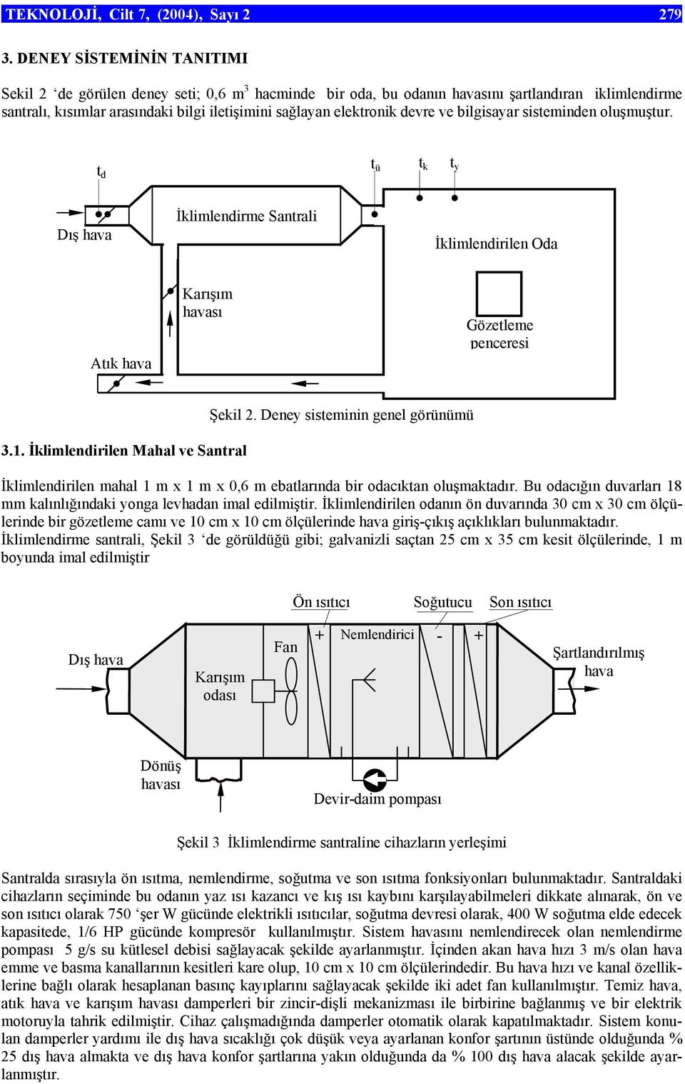 devre ve bilgisayar sisteminden oluşmuştur. t d t ü t k t y Dış hava İklimlendirme Santrali İklimlendirilen Oda Atık hava Karışım havası Gözetleme penceresi 3.1.