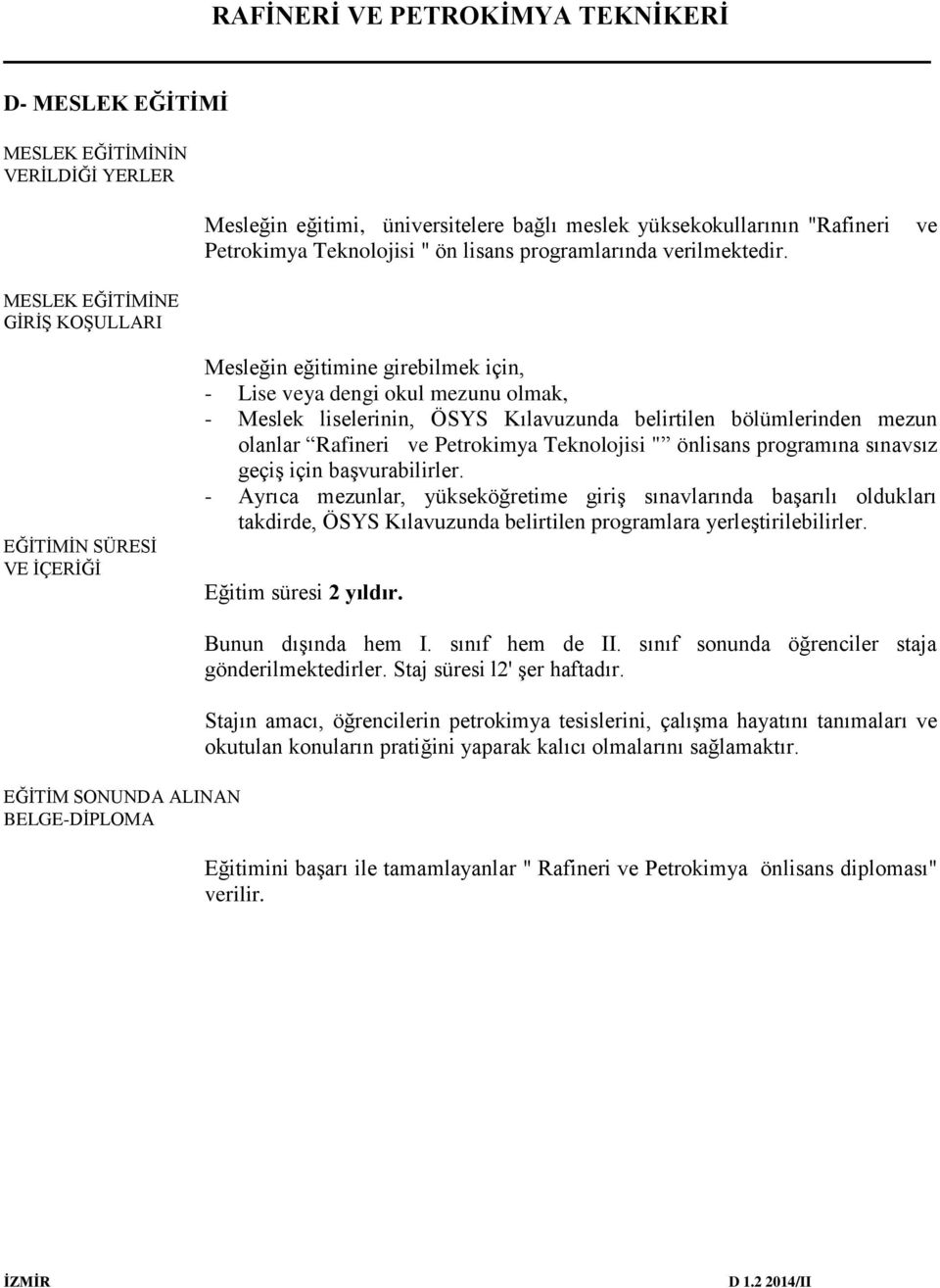 mezun olanlar Rafineri ve Petrokimya Teknolojisi " önlisans programına sınavsız geçiş için başvurabilirler.