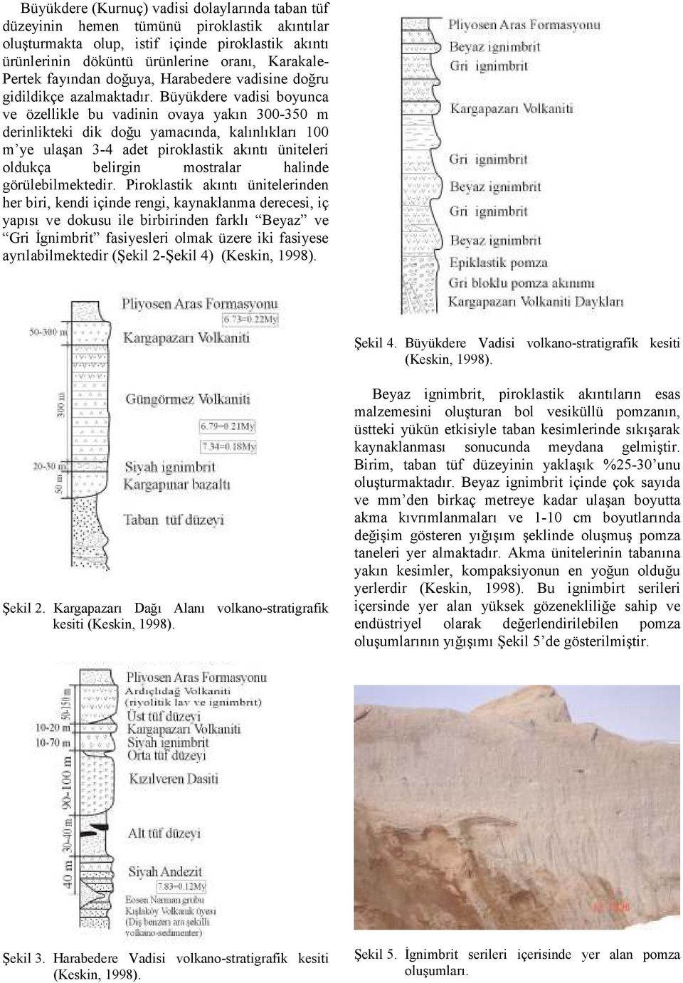 Büyükdere vadisi boyunca ve özellikle bu vadinin ovaya yakın 300-350 m derinlikteki dik doğu yamacında, kalınlıkları 100 m ye ulaşan 3-4 adet piroklastik akıntı üniteleri oldukça belirgin mostralar