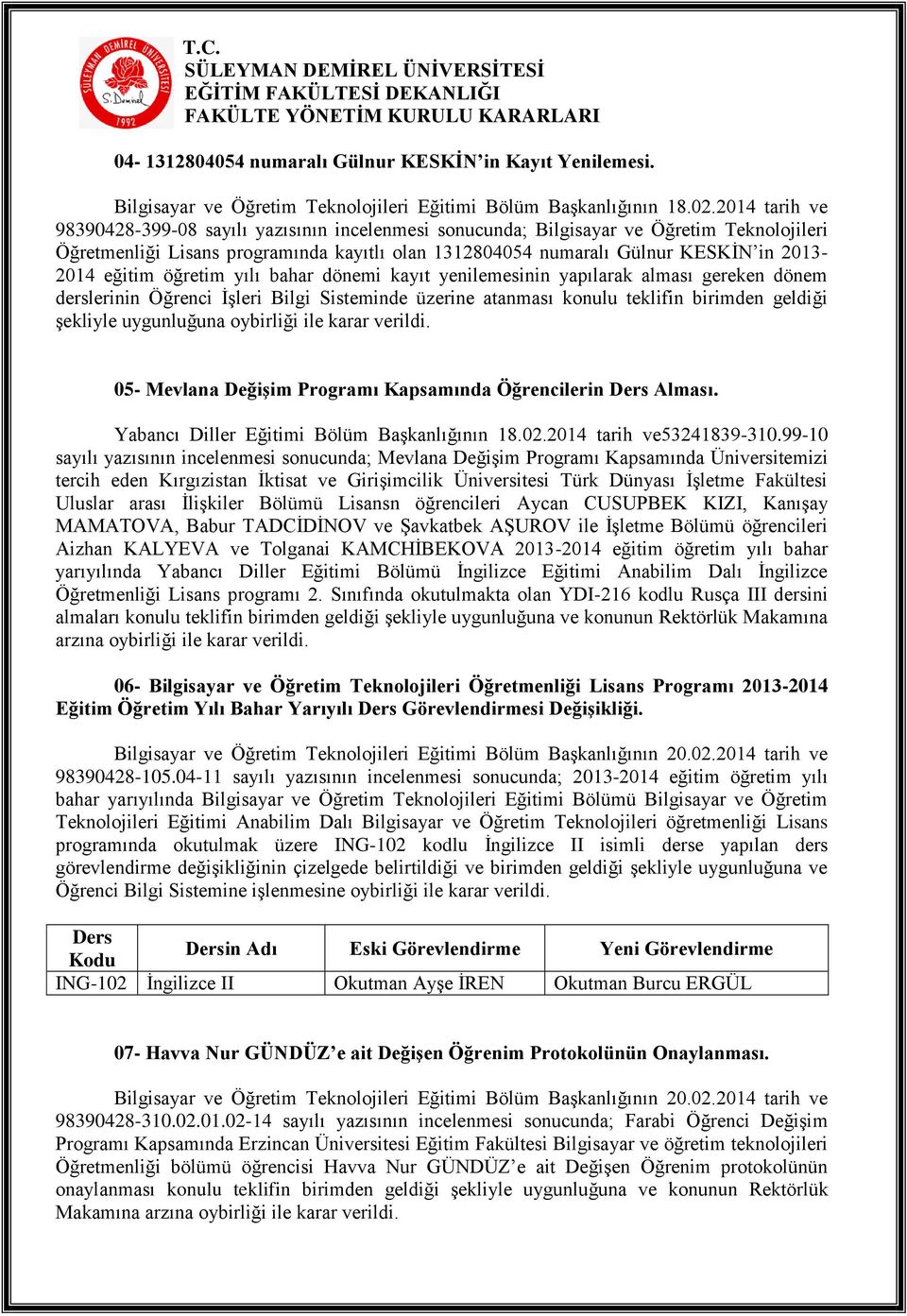 eğitim öğretim yılı bahar dönemi kayıt yenilemesinin yapılarak alması gereken dönem derslerinin Öğrenci İşleri Bilgi Sisteminde üzerine atanması konulu teklifin birimden geldiği şekliyle uygunluğuna