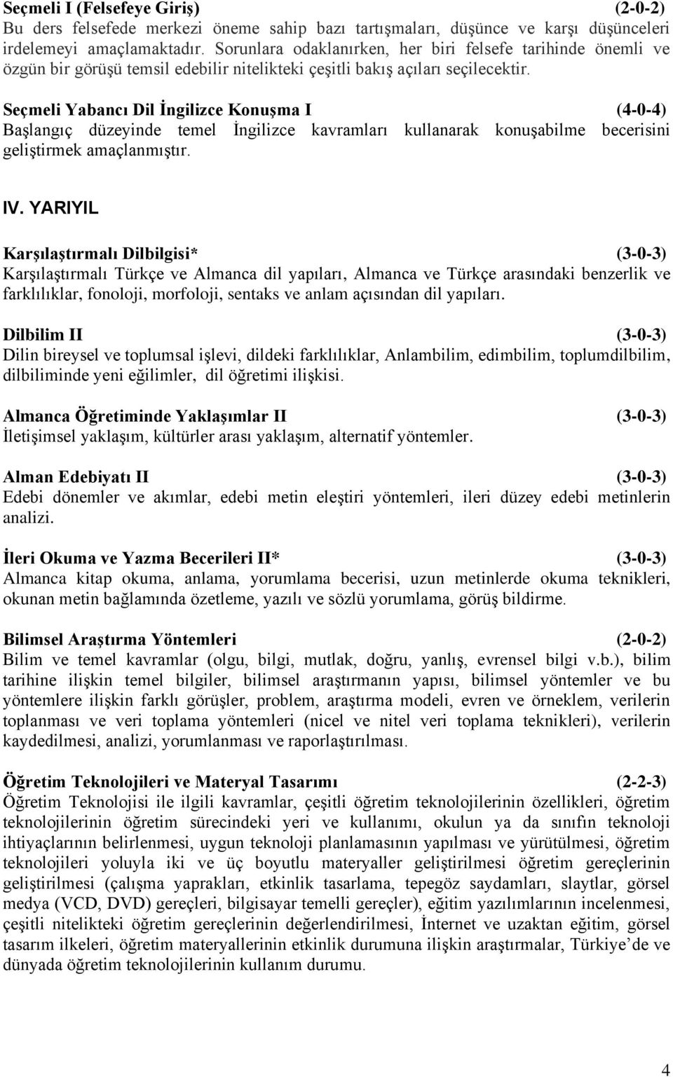 Seçmeli Yabancı Dil İngilizce Konuşma I (4-0-4) Başlangıç düzeyinde temel İngilizce kavramları kullanarak konuşabilme becerisini geliştirmek amaçlanmıştır. IV.