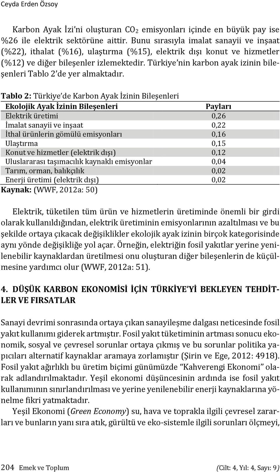 Türkiye nin karbon ayak izinin bileşenleri Tablo 2 de yer almaktadır.