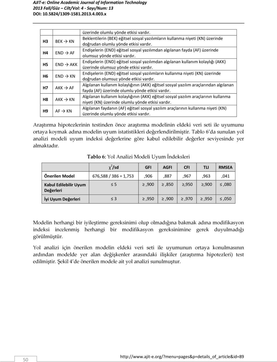 Endişelerin (END) eğitsel sosyal yazılımdan algılanan fayda (AF) üzerinde olumsuz yönde etkisi vardır.