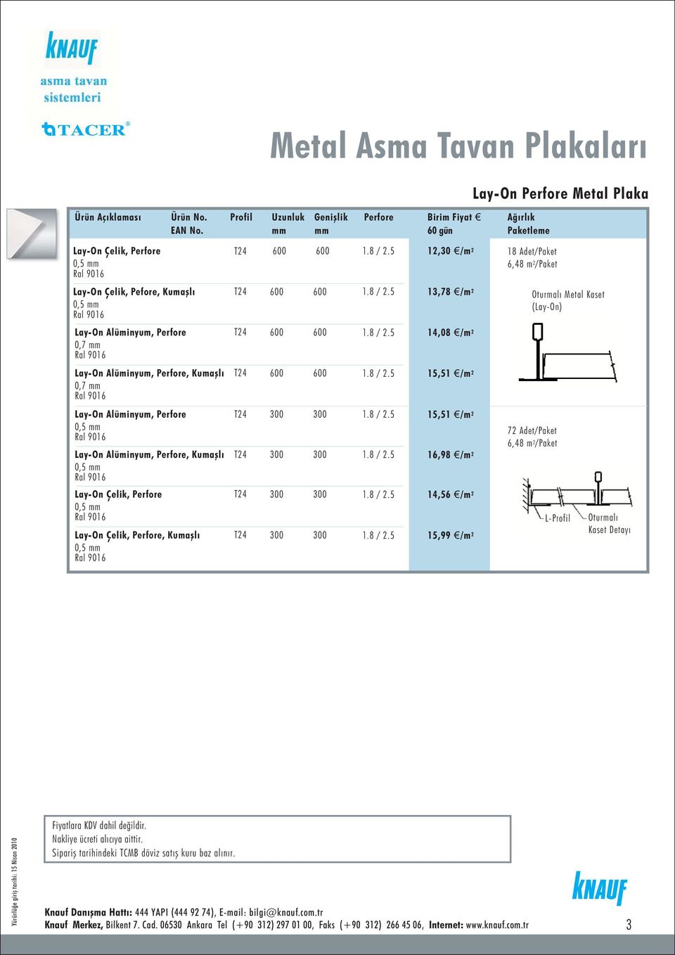 8 / 2.5 15,51 /m 2 T24 300 300 1.8 / 2.5 15,51 /m 2 T24 300 300 1.8 / 2.5 16,98 /m 2 T24 300 300 1.8 / 2.5 14,56 /m 2 T24 300 300 1.8 / 2.5 15,99 /m 2 18 Adet/Paket 6,48 m 2 /Paket Oturmalý Metal Kaset (LayOn) 72 Adet/Paket 6,48 m 2 /Paket LProfil Oturmalý Kaset Detayý Knauf Danýþma Hattý: 444 YAPI (444 92 74), Email: bilgi@knauf.