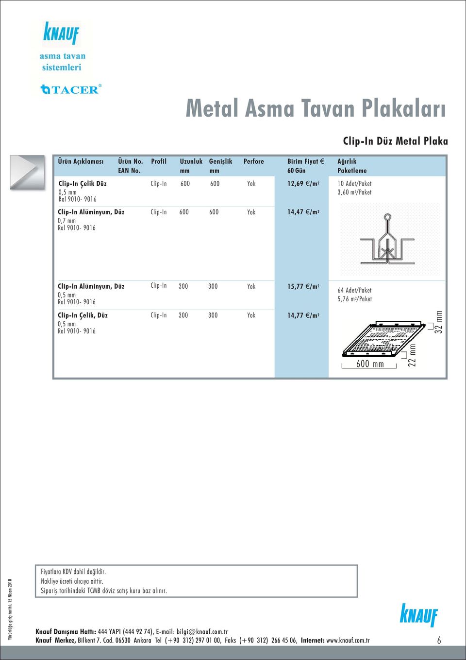 Adet/Paket 5,76 m 2 /Paket Çelik, Düz Ral 9010 9016 300 300 Yok 14,77 /m 2 32 600 22 Knauf Danýþma Hattý: 444 YAPI (444 92 74),