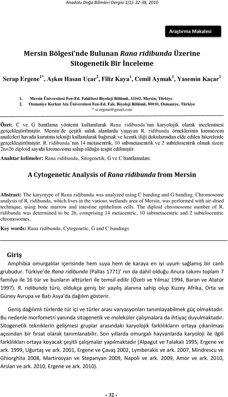 com Özet: C ve G bantlama yöntemi kullanılarak Rana ridibunda nın karyolojik olarak incelenmesi gerçekleştirilmiştir. Mersin de çeşitli sulak alanlarda yaşayan R.