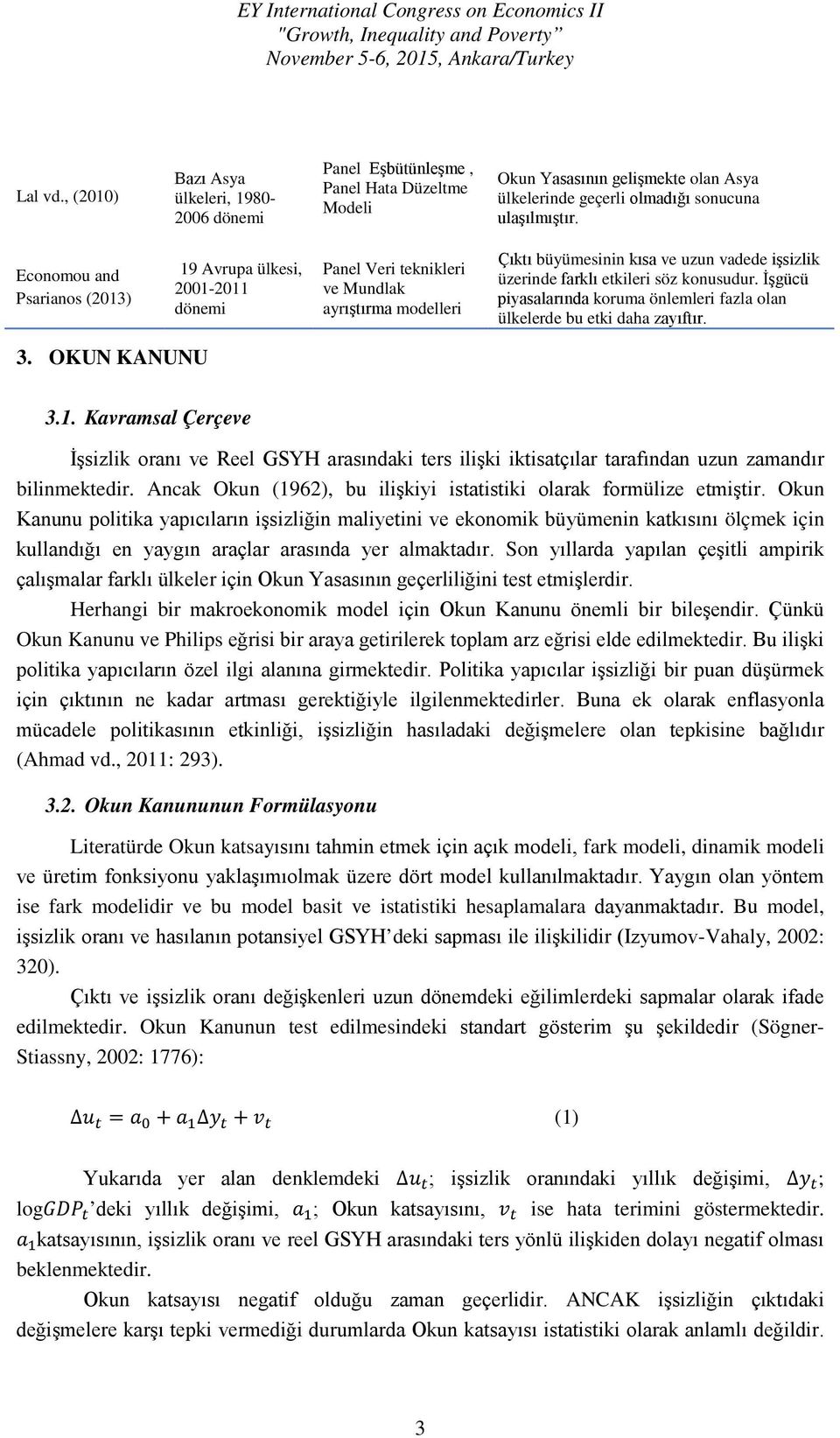 Economou and Psarianos (13) 19 Avrupa ülkesi, 1-11 dönemi Panel Veri teknikleri ve Mundlak ayrıştırma modelleri Çıktı büyümesinin kısa ve uzun vadede işsizlik üzerinde farklı etkileri söz konusudur.