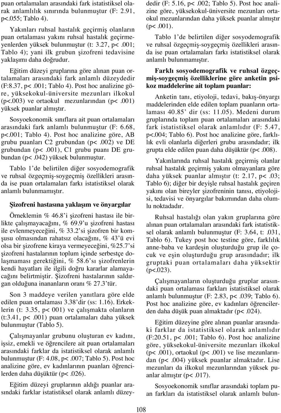 27, p< ; Tablo 4); yani ilk grubun şizofreni tedavisine yaklaş m daha doğrudur. Eğitim düzeyi gruplar na göre al nan puan ortalamalar aras ndaki fark anlaml düzeydedir (F:8.37, p< ; Tablo 4).