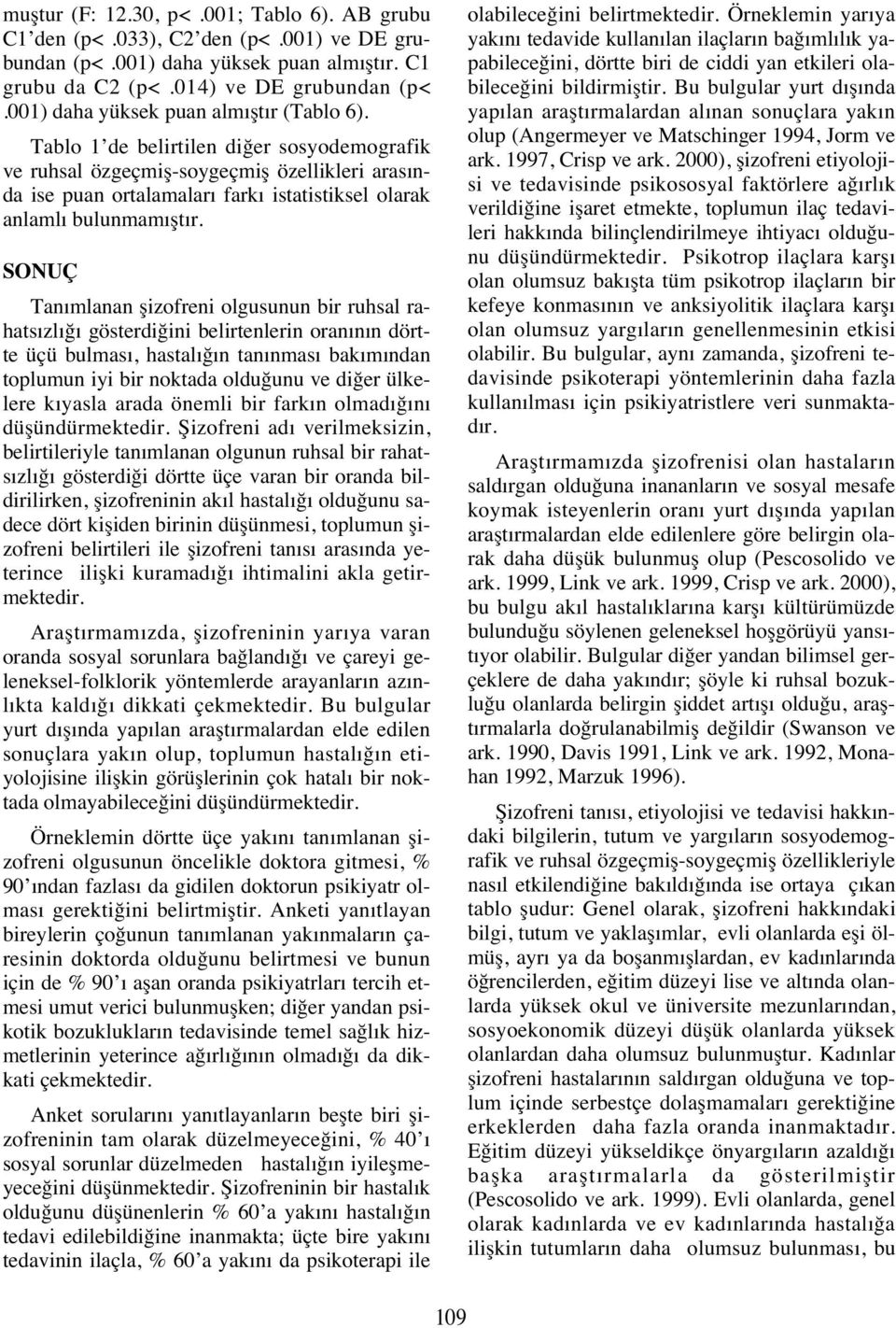 Tablo 1 de belirtilen diğer sosyodemografik ve ruhsal özgeçmiş-soygeçmiş özellikleri aras nda ise puan ortalamalar fark istatistiksel olarak anlaml bulunmam şt r.