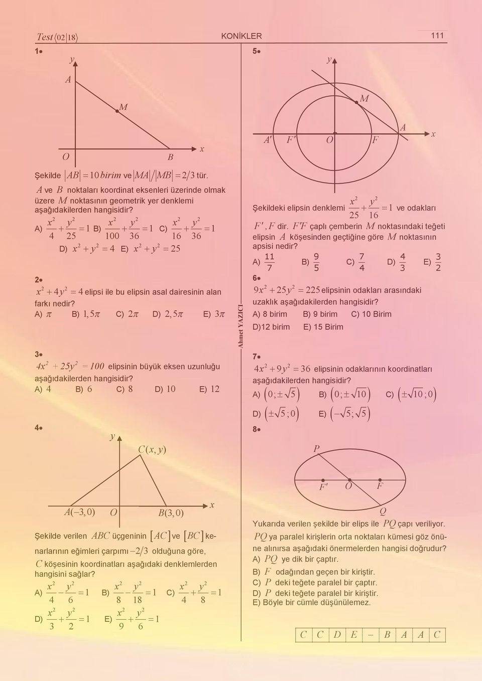 ) ) 1,5 ) D),5 E) + 5 = 100 elipsinin büük eksen uzunluğu ) ) ) 8 D) 10 E) 1 (, ) hmet YZII Şekildeki elipsin denklemi 1 ve odakları 5 1 F, F dir.