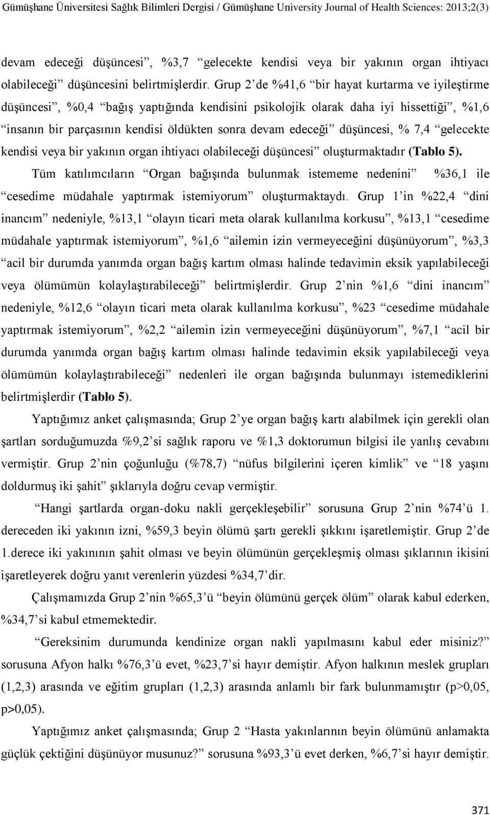 düşüncesi, % 7,4 gelecekte kendisi veya bir yakının organ ihtiyacı olabileceği düşüncesi oluşturmaktadır (Tablo 5).