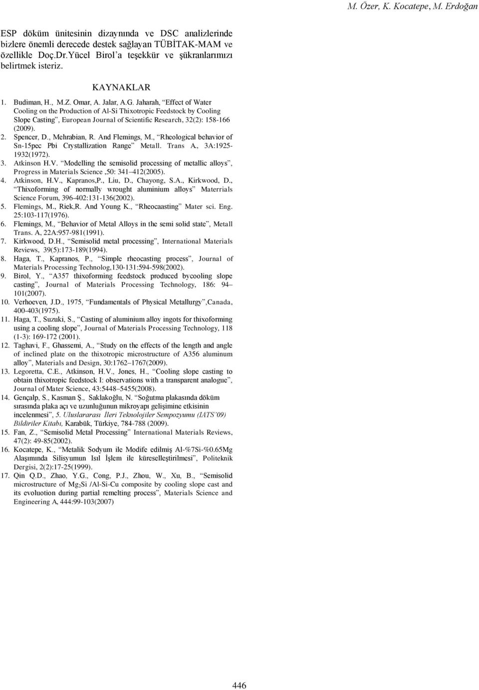 Jaharah, Effect of Water Cooling on the Production of Al-Si Thixotropic Feedstock by Cooling Slope Casting, European Journal of Scientific Research, 32(2): 158-166 (2009). 2. Spencer, D.