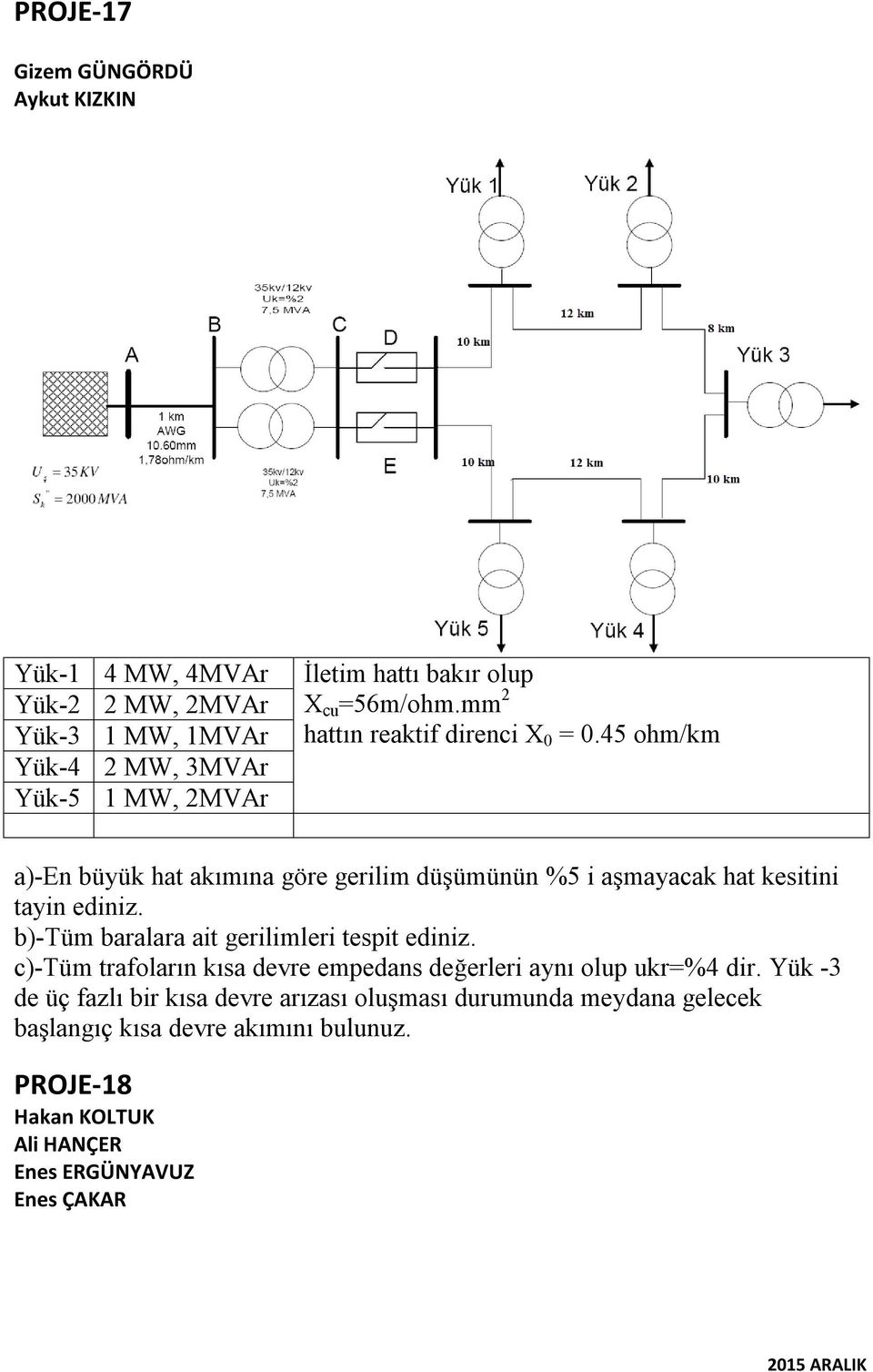 45 ohm/km a)-en büyük hat akımına göre gerilim düşümünün %5 i aşmayacak hat kesitini tayin ediniz. b)-tüm baralara ait gerilimleri tespit ediniz.