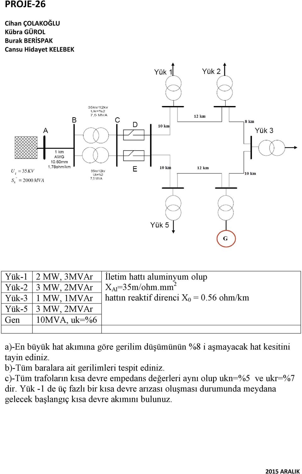 56 ohm/km a)-en büyük hat akımına göre gerilim düşümünün %8 i aşmayacak hat kesitini tayin ediniz. b)-tüm baralara ait gerilimleri tespit ediniz.