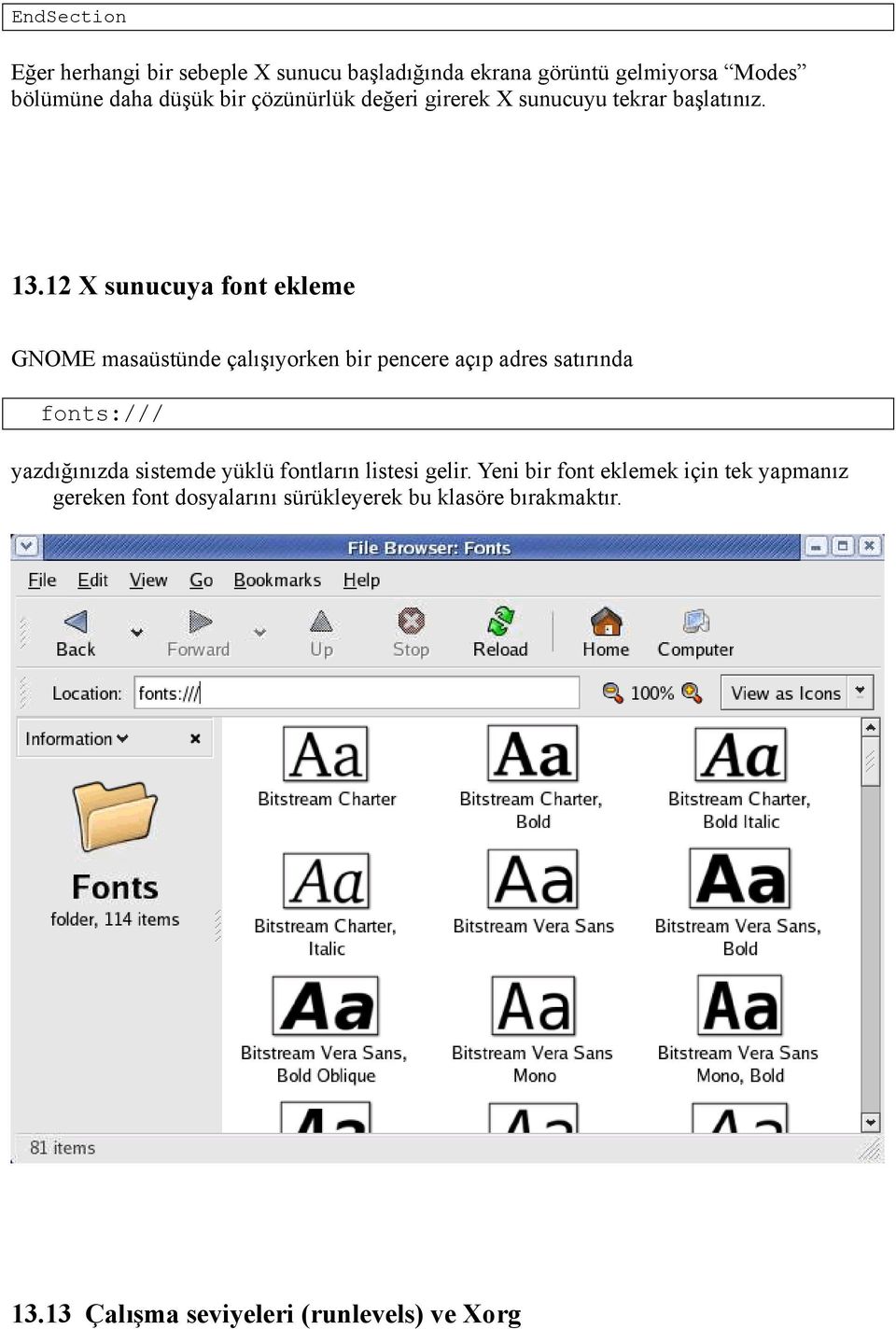 12 X sunucuya font ekleme GNOME masaüstünde çalışıyorken bir pencere açıp adres satırında fonts:/// yazdığınızda