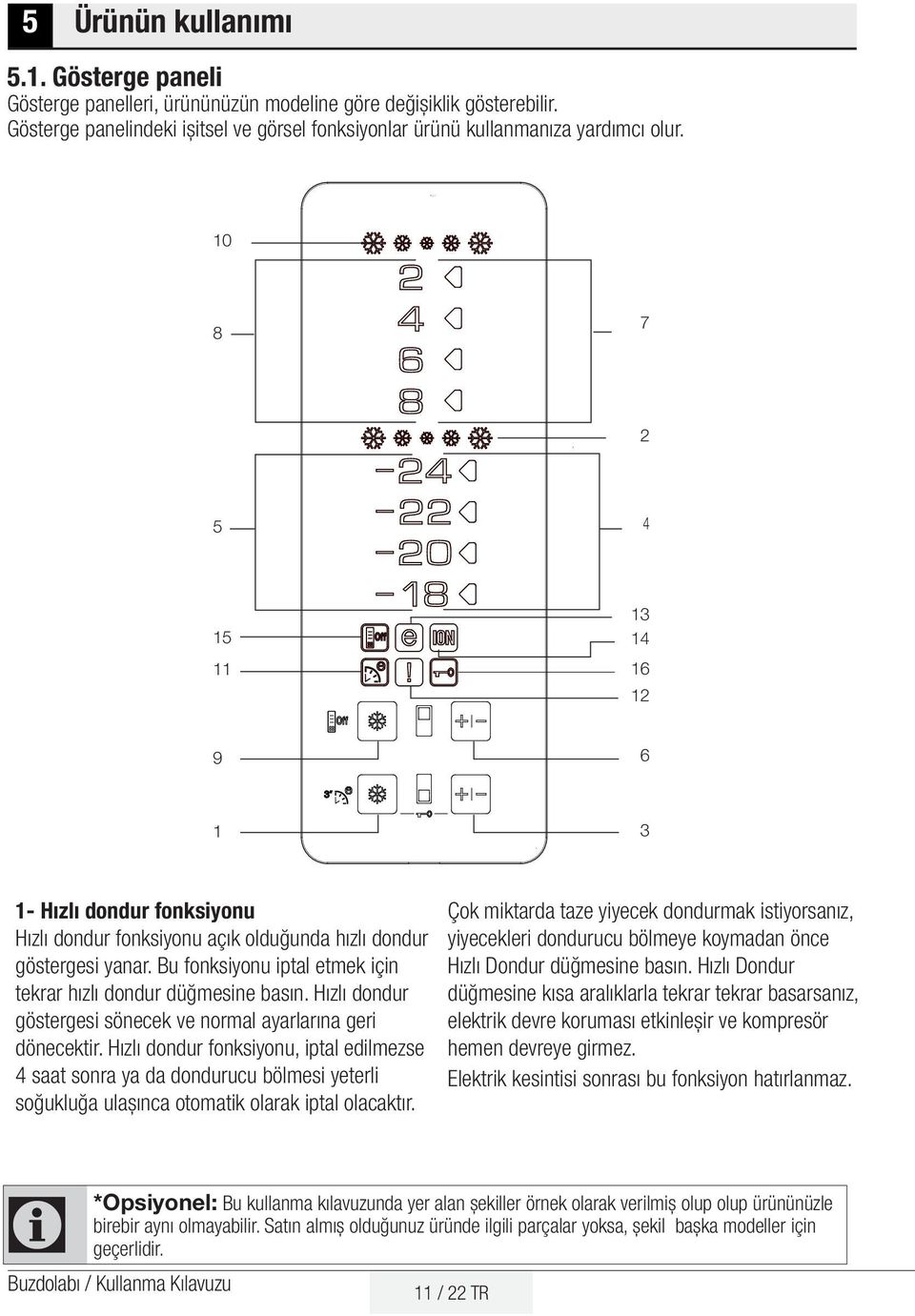 Bu fonksiyonu iptal etmek için tekrar hızlı dondur düğmesine basın. Hızlı dondur göstergesi sönecek ve normal ayarlarına geri dönecektir.