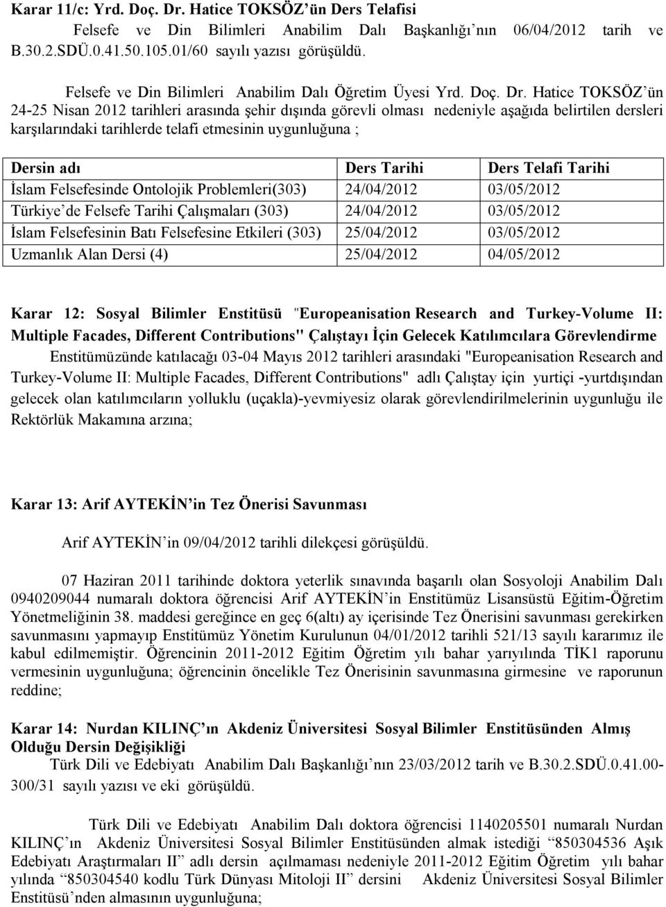 Hatice TOKSÖZ ün 24-25 Nisan 2012 tarihleri arasında şehir dışında görevli olması nedeniyle aşağıda belirtilen dersleri karşılarındaki tarihlerde telafi etmesinin uygunluğuna ; Dersin adı Ders Tarihi