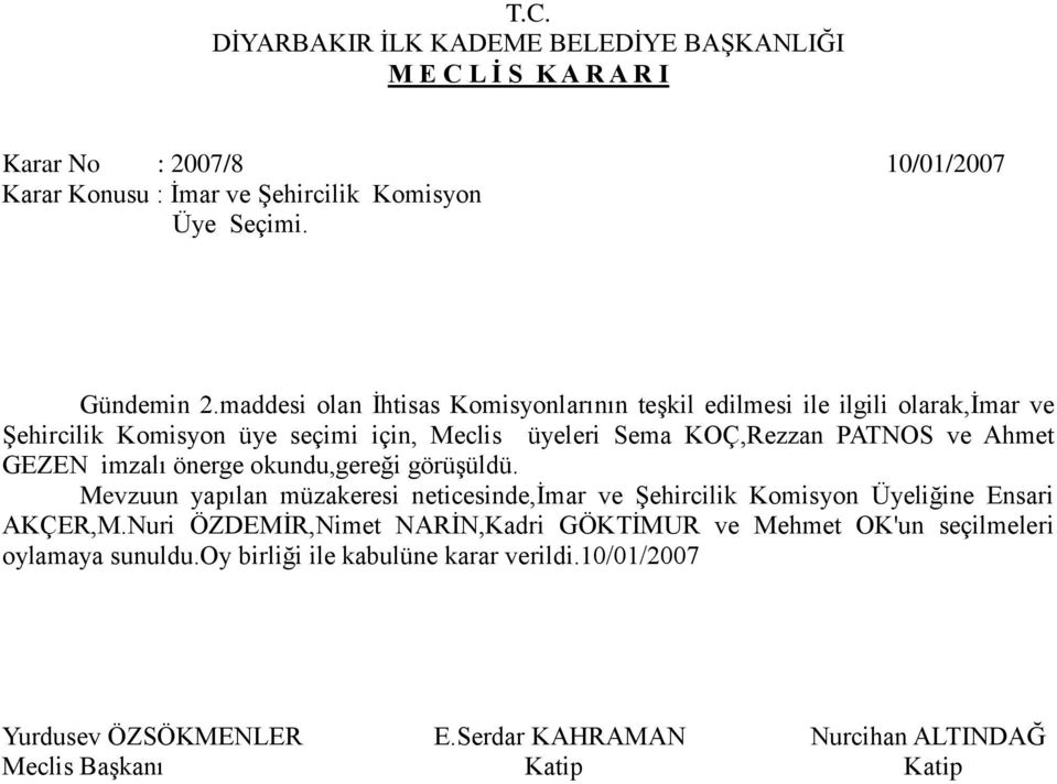 maddesi olan İhtisas Komisyonlarının teşkil edilmesi ile ilgili olarak,imar ve Şehircilik Komisyon üye seçimi için, Meclis üyeleri Sema KOÇ,Rezzan PATNOS ve Ahmet