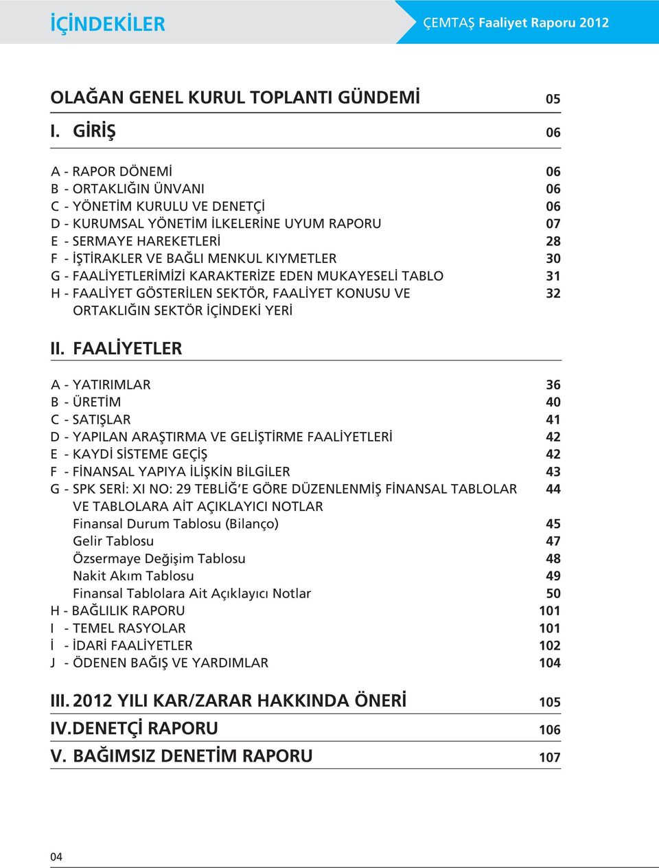 30 G - FAAL YETLER M Z KARAKTER ZE EDEN MUKAYESEL TABLO 31 H - FAAL YET GÖSTER LEN SEKTÖR, FAAL YET KONUSU VE 32 ORTAKLI IN SEKTÖR Ç NDEK YER II.