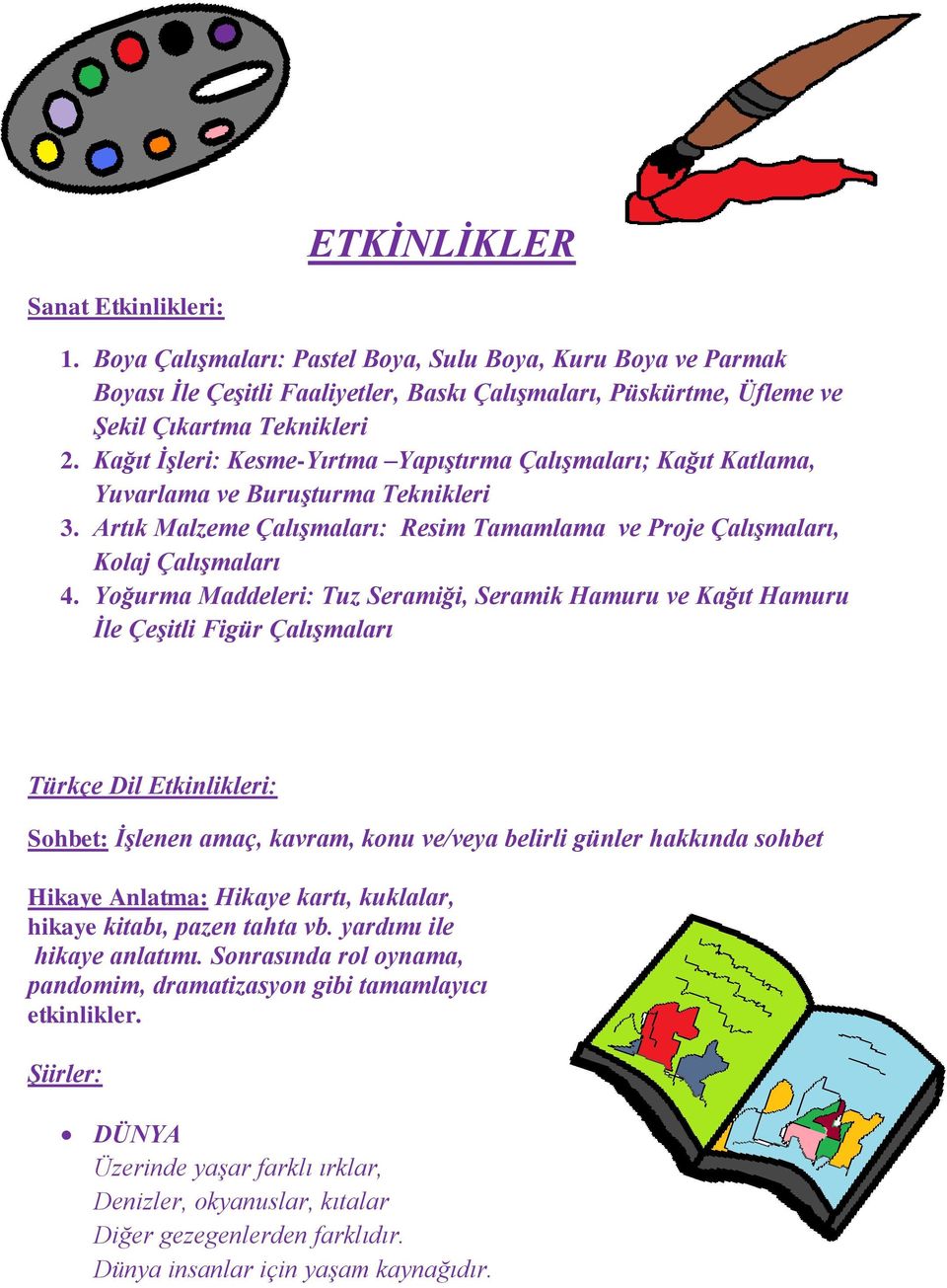Yoğurma Maddeleri: Tuz Seramiği, Seramik Hamuru ve Kağıt Hamuru İle Çeşitli Figür Çalışmaları Türkçe Dil Etkinlikleri: Sohbet: İşlenen amaç, kavram, konu ve/veya belirli günler hakkında sohbet Hikaye