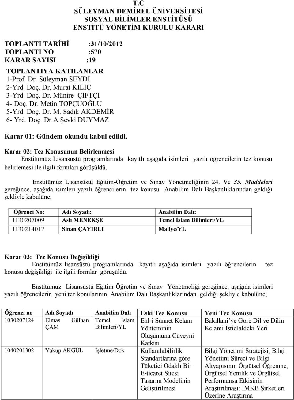 C SÜLEYMAN DEMİREL ÜNİVERSİTESİ SOSYAL BİLİMLER ENSTİTÜSÜ ENSTİTÜ YÖNETİM KURULU KARARI Karar 02: Tez Konusunun Belirlenmesi Enstitümüz Lisansüstü programlarında kayıtlı aşağıda isimleri yazılı