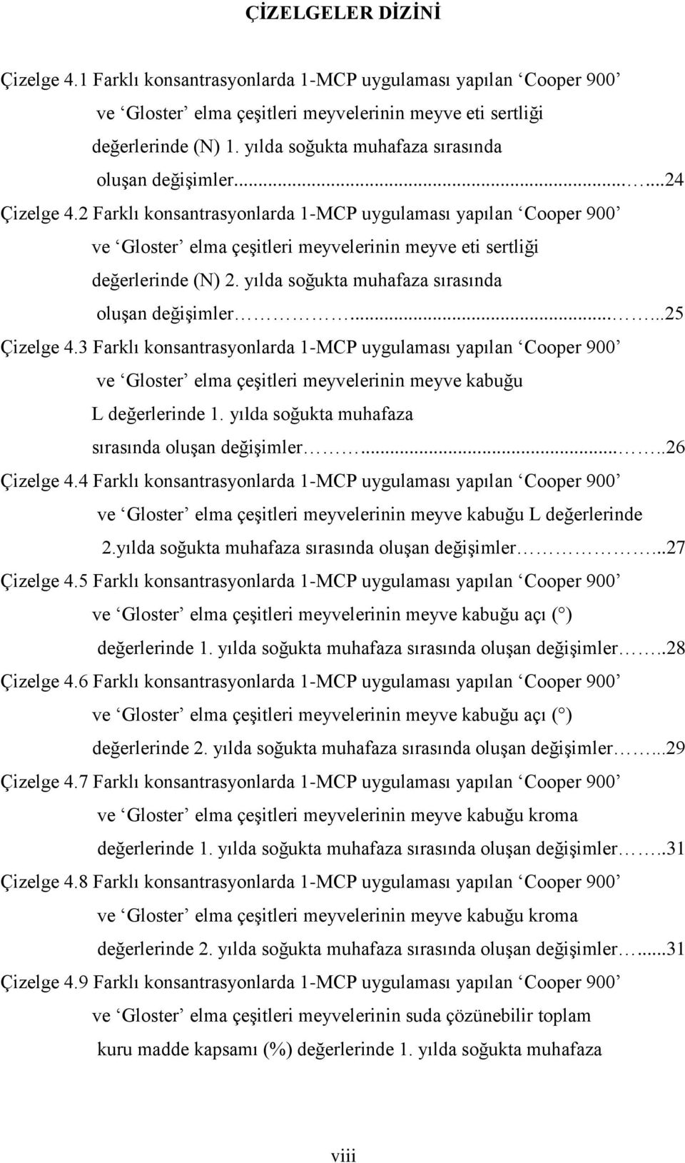 2 Farklı konsantrasyonlarda uygulaması yapılan Cooper 900 ve Gloster elma çeşitleri meyvelerinin meyve eti sertliği değerlerinde (N) 2. yılda soğukta muhafaza sırasında oluşan değişimler......25 Çizelge 4.