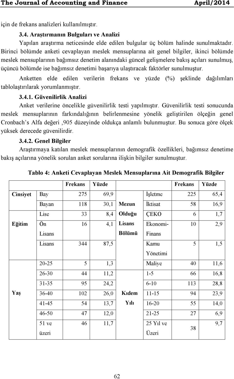 bağımsız denetimi başarıya ulaştıracak faktörler sunulmuştur. Anketten elde edilen verilerin frekans ve yüzde (%) şeklinde dağılımları tablolaştırılarak yorumlanmıştır. 3.4.1.