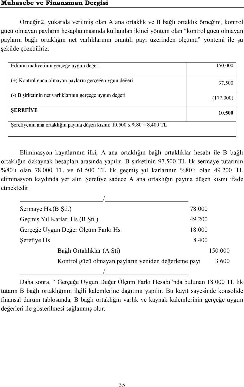 000 (+) Kontrol gücü olmayan payların gerçeğe uygun değeri (-) B şirketinin net varlıklarının gerçeğe uygun değeri ŞEREFİYE 37.500 (177.000) 10.500 Şerefiyenin ana ortaklığın payına düşen kısmı: 10.