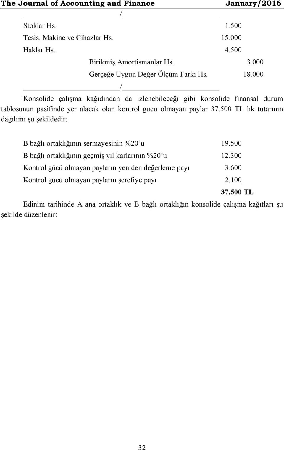 000 / Konsolide çalışma kağıdından da izlenebileceği gibi konsolide finansal durum tablosunun pasifinde yer alacak olan kontrol gücü olmayan paylar 37.